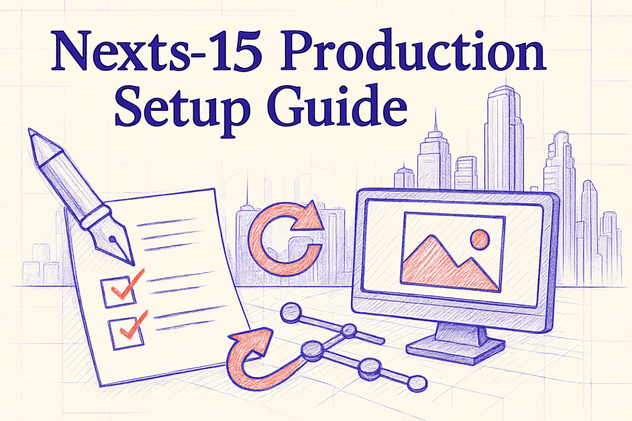 hand-drawn, sketch-like art style with text : Master Next.js 15 Production Setup in 2025: The Ultimate Guide