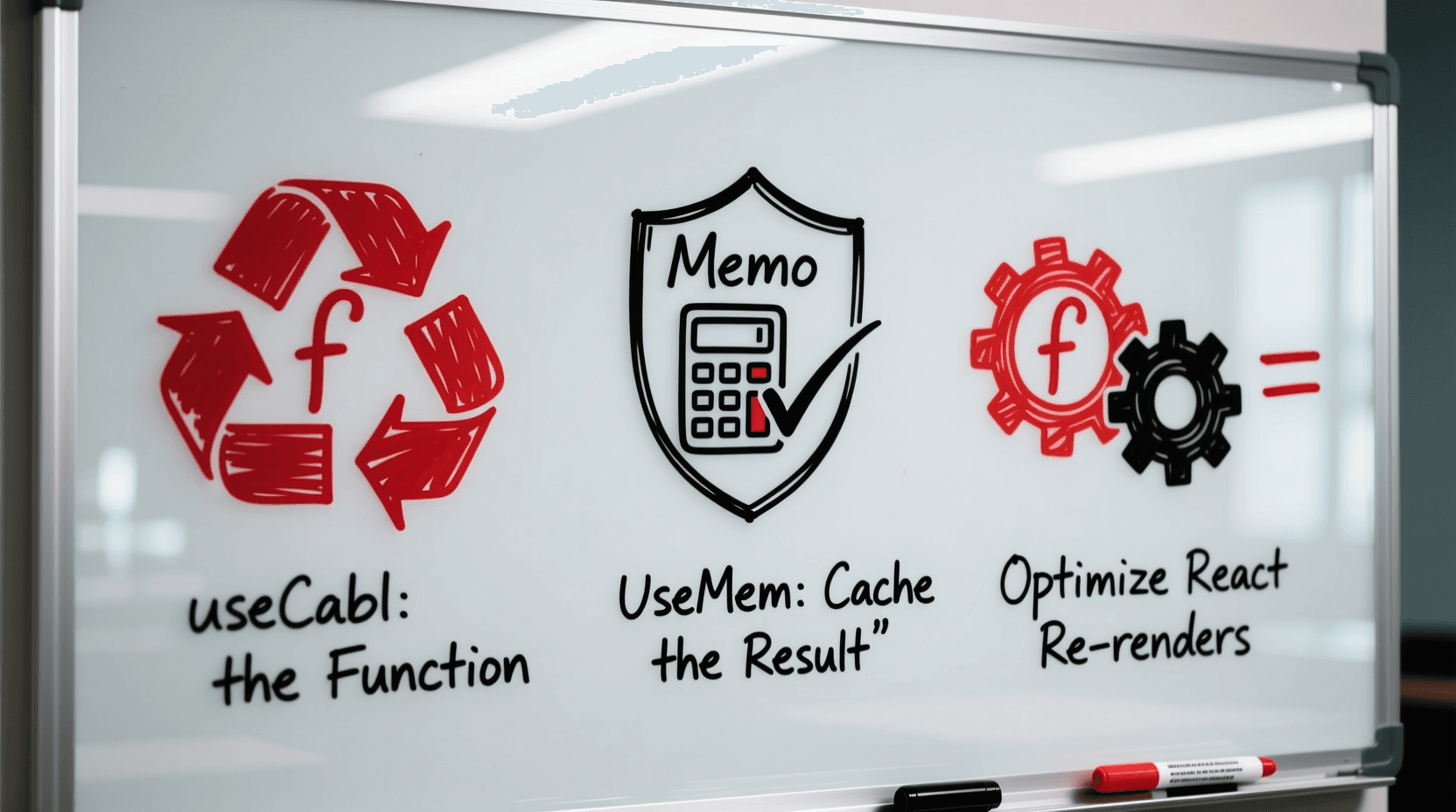 hand-drawn, sketch-like art style with text : useCallback vs useMemo: Mastering React Performance Optimization